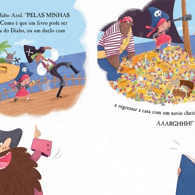 Ilustração colorida de livro infantil com piratas e menino lendo livro azul