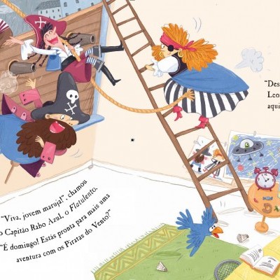 Ilustração colorida de piratas divertidos num navio e crianças a ler e brincar num ambiente interior acolhedor