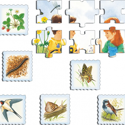 Peças de puzzle com imagens de crianças e insetos