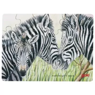 Puzzle de zebras com texto e logotipo goki
