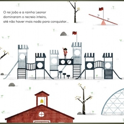 Ilustração com parque infantil, casinha vermelha, árvore e texto em português sobre rei João e rainha Leonor