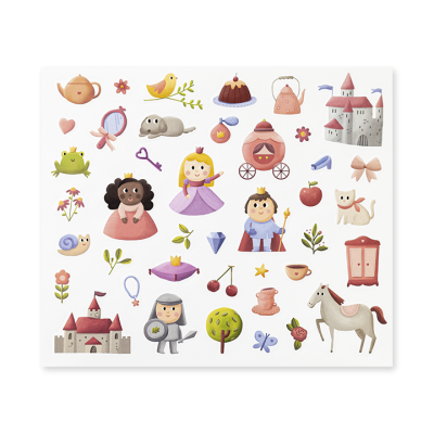 Ilustrações coloridas de personagens e objetos de contos de fadas