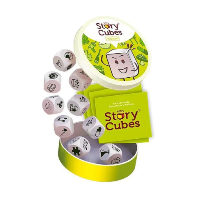 Conjunto de dados 'Story Cubes' com ilustrações dentro de um estojo redondo amarelo e branco.
