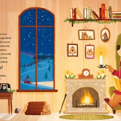 Ilustração de urso numa sala aconchegante com lareira e decoração de inverno