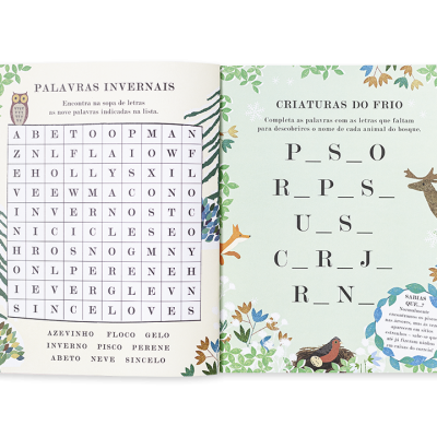 Livro aberto com atividades de palavras de inverno e criaturas do frio, com ilustrações de pássaros e plantas