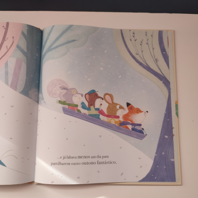 Ilustração de animais numa sledge na neve com texto em português