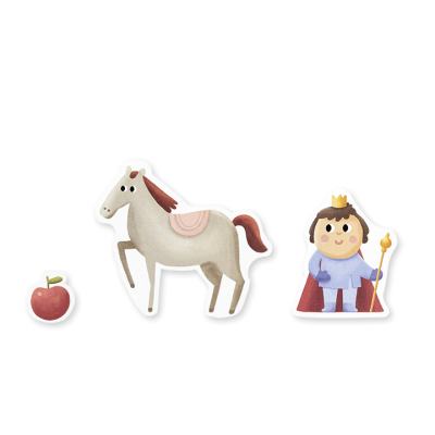 Três figuras de madeira pintadas: maçã vermelha, cavalo bege e príncipe com capa azul.