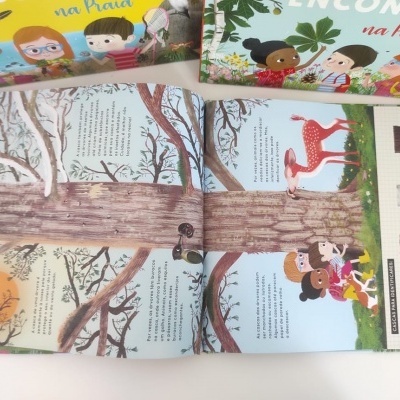 Livros infantis com ilustrações de crianças e animais, títulos ENCONTRE na Praia e ENCONTRE na Floresta