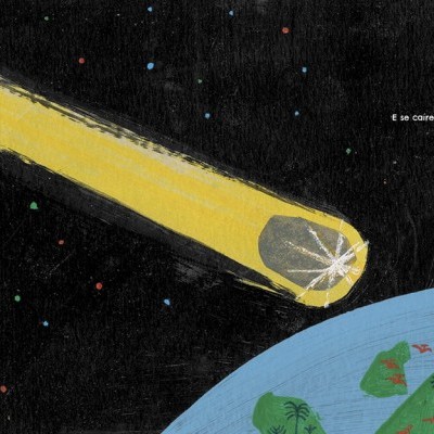 Desenho de um lápis amarelo gigante no espaço sobre a Terra com texto 'E se colmes.'