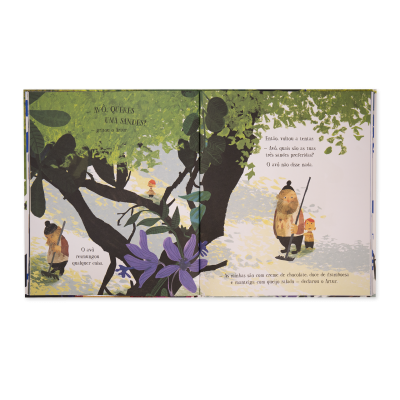 Página de livro infantil aberto com ilustrações de animais e texto em português.