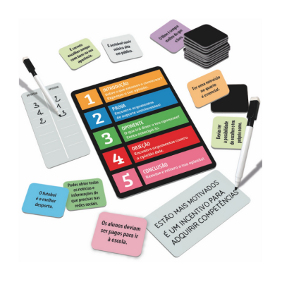 Jogo educativo com tabuleiro colorido, cartões com frases em português e marcadores