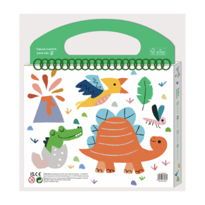 Caixa de brinquedo com desenho de dinossauro laranja e outros animais em estilo infantil