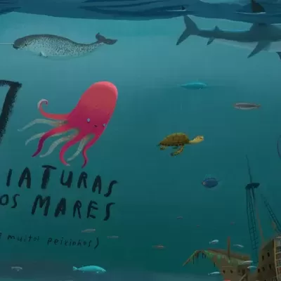 Ilustração colorida de criaturas marinhas com texto 7 Criaturas dos Mares