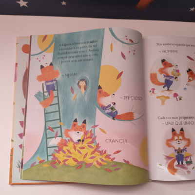 Página de livro infantil com ilustrações de raposa e texto em português