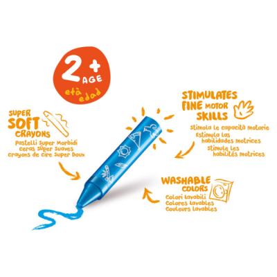 Giz de cera azul super macio para crianças a partir dos 2 anos com indicação de cor lavável e estímulo a competências motoras.