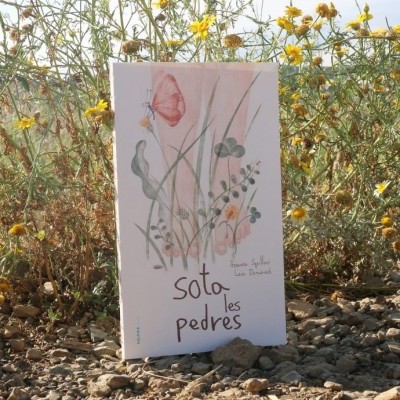 Capa de livro branco ilustrada com flores e texto 'Sota les pedres'