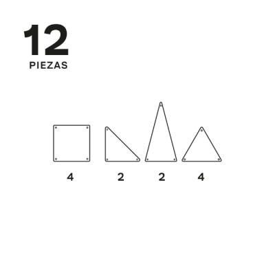 Diagrama com 12 peças geométricas pretas e brancas e texto '12 PIEZAS'