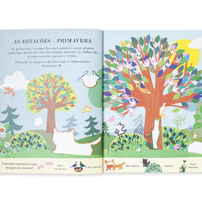 Página dupla colorida de livro infantil com árvores, pássaros e texto em português