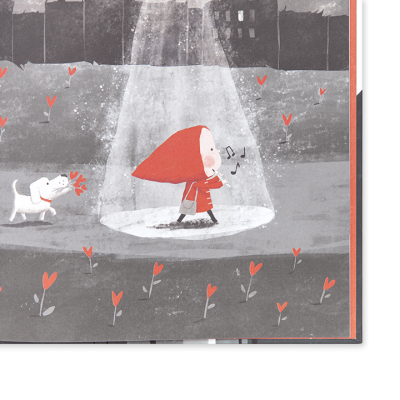 Ilustração de menina com capuz vermelho e cão branco num campo com flores vermelhas sob luz