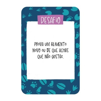 Cartão azul com texto em português e decoração de pegadas.