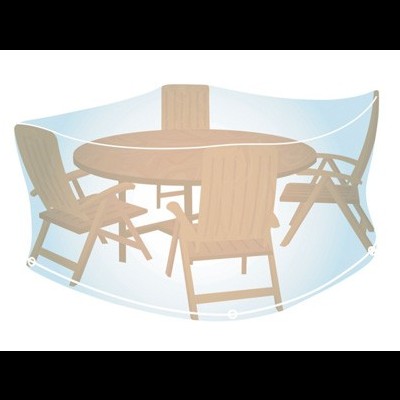 Conjunto de móveis de jardim em madeira clara com mesa redonda e quatro cadeiras.