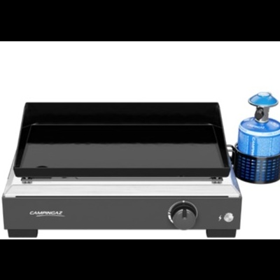 Fogão de campismo Campingaz com chapa preta e garrafa de gás azul