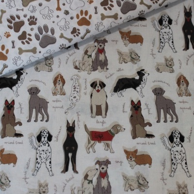 tecido estampado com cães e pegadas de cães em cores naturais e fundo claro