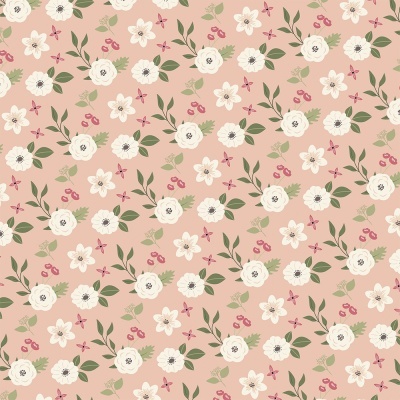 Padrão floral delicado em fundo cor-de-rosa claro com flores brancas e bege, folhas verdes e detalhes rosa e roxos.