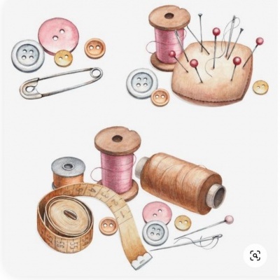 Material de costura com botões, alfinetes, bobinas de linha, fita métrica e almofada de agulhas