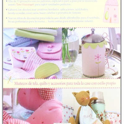 Capa de livro sobre artesanato em tecido com várias fotografias de objetos têxteis rosa e amarelos.