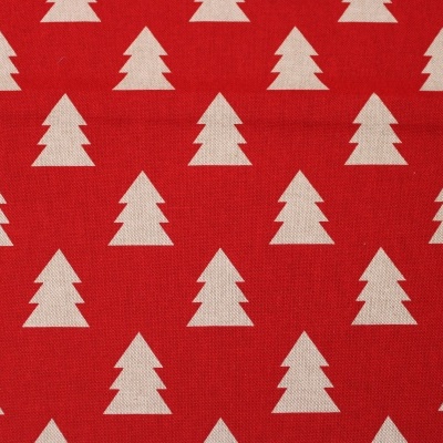 Tecido vermelho com padrão de árvores de Natal brancas