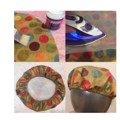 Colagem de imagens mostrando padrão de tecido com bolinhas coloridas, frasco de cola, ferro de engomar e uma peça elástica usada num manequim.