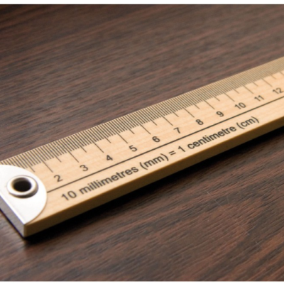 Régua de madeira com marcações em milímetros e centímetros e extremidade metálica