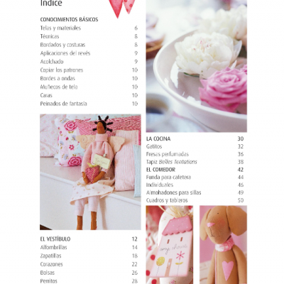 Página de índice com fotos de bonecas de tecido e flores, texto de índice em espanhol