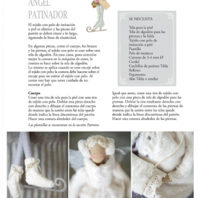 Anjo patinador feito de tecido com pelo e pele, usando vestuário branco, com patins cor-de-rosa decorados.