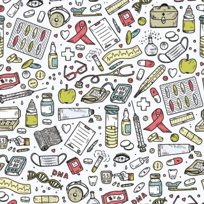 Ilustração padrão de itens médicos e de saúde coloridos sobre fundo branco