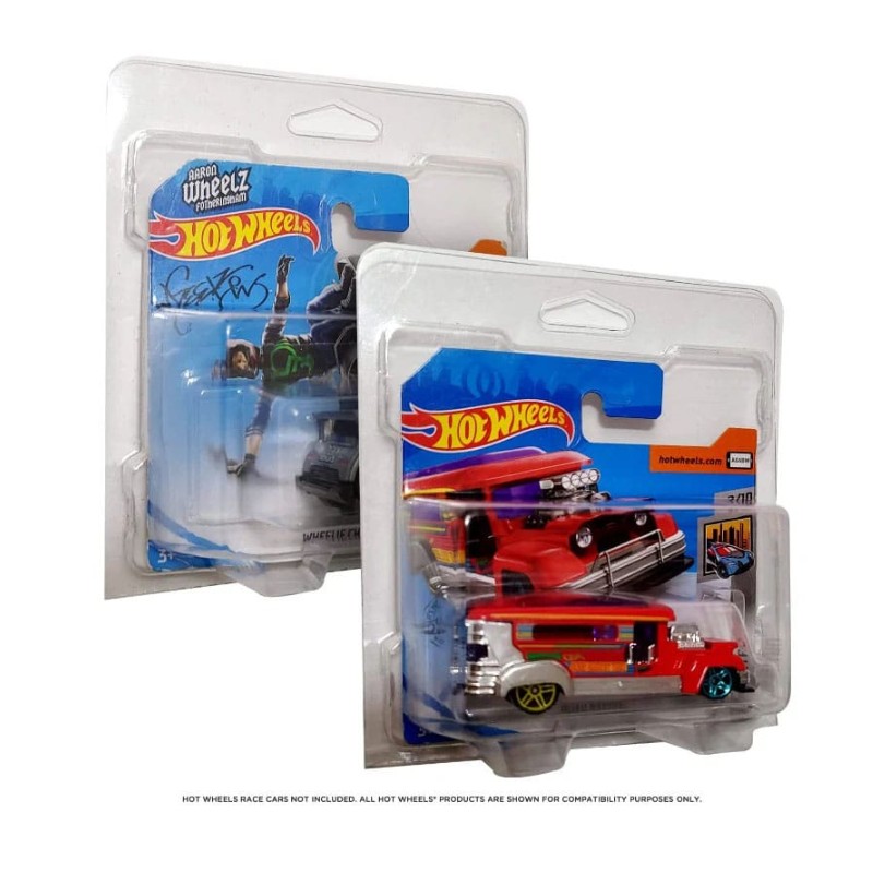 Caixas de Protecção Hot Wheels European Series PET Blisters Brinquedos Hot Wheels embalados, incluindo carro vermelho e figura humana.