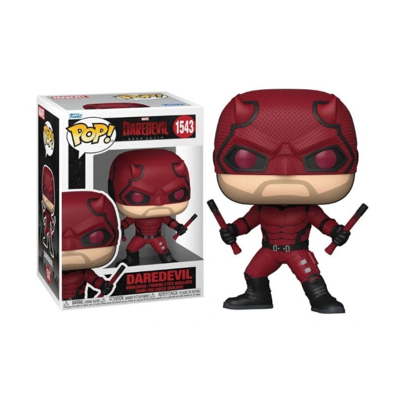 Funko POP! Marvel: Daredevil: Born Again - Daredevil Figura Funko Pop! Daredevil de fato vermelho e preto com bastões junto da caixa
