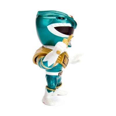 Figura colecionável do Power Ranger Verde segurando uma arma dourada