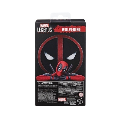 Embalagem Marvel Legends com personagem Deadpool e texto de atenção