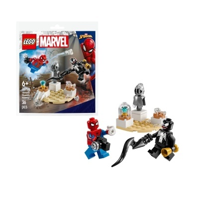 LEGO Marvel Venoms Museum Robbery com 36 peças e mini figuras do Homem-Aranha, Venom e robô.