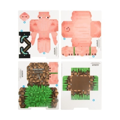 Folhas de cartão com gráficos em pixel art do jogo Minecraft para montagem de figuras