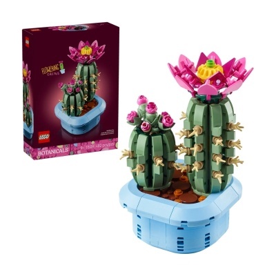 LEGO conjunto botânico com cactos floridos em vaso azul claro