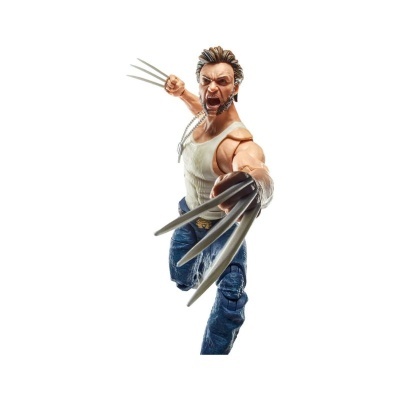 Figura de ação Wolverine com garras e roupa casual em fundo branco