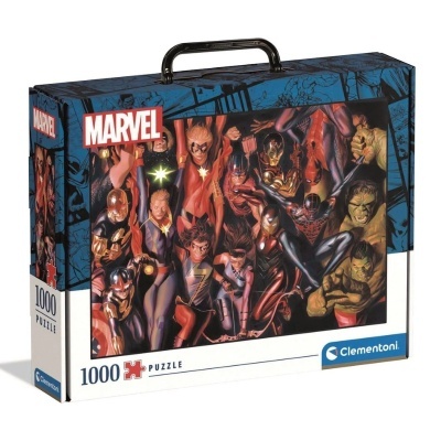 Caixa de puzzle Marvel 1000 peças com imagem de super-heróis em fundo azul.