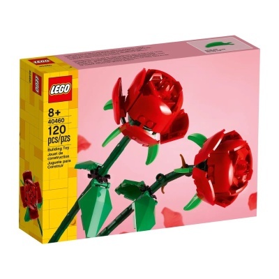 Caixa LEGO 40460 com rosas vermelhas em LEGO e detalhes verdes