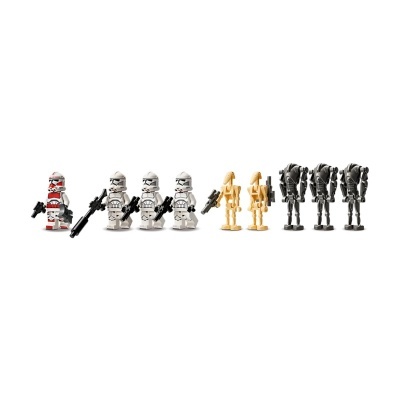 Figuras LEGO Star Wars de clones e droides alinhadas em fundo branco.