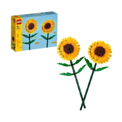 Conjunto LEGO girassóis em plástico colorido e caixa azul com amarelo LEGO