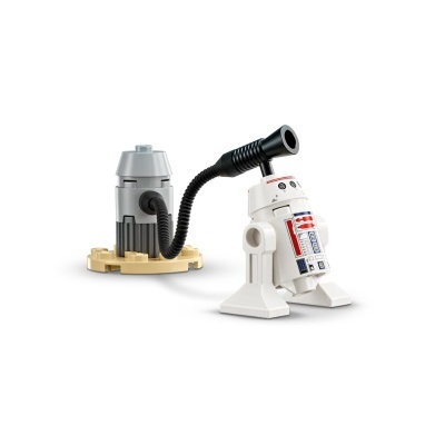 Brinquedo miniatura branco com peças coloridas e base beige em fundo branco