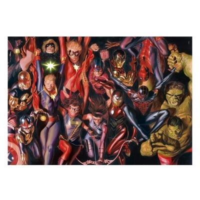 Imagem colorida de vários super-heróis com trajes coloridos em fundo escuro